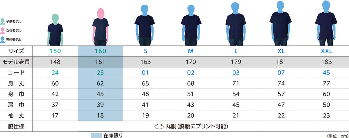 ライトウェイトTシャツ サイズ表