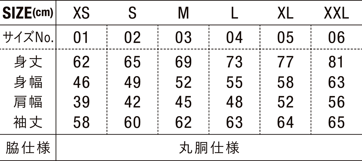 ロングスリーブ Tシャツ（1.6インチリブ） サイズ表